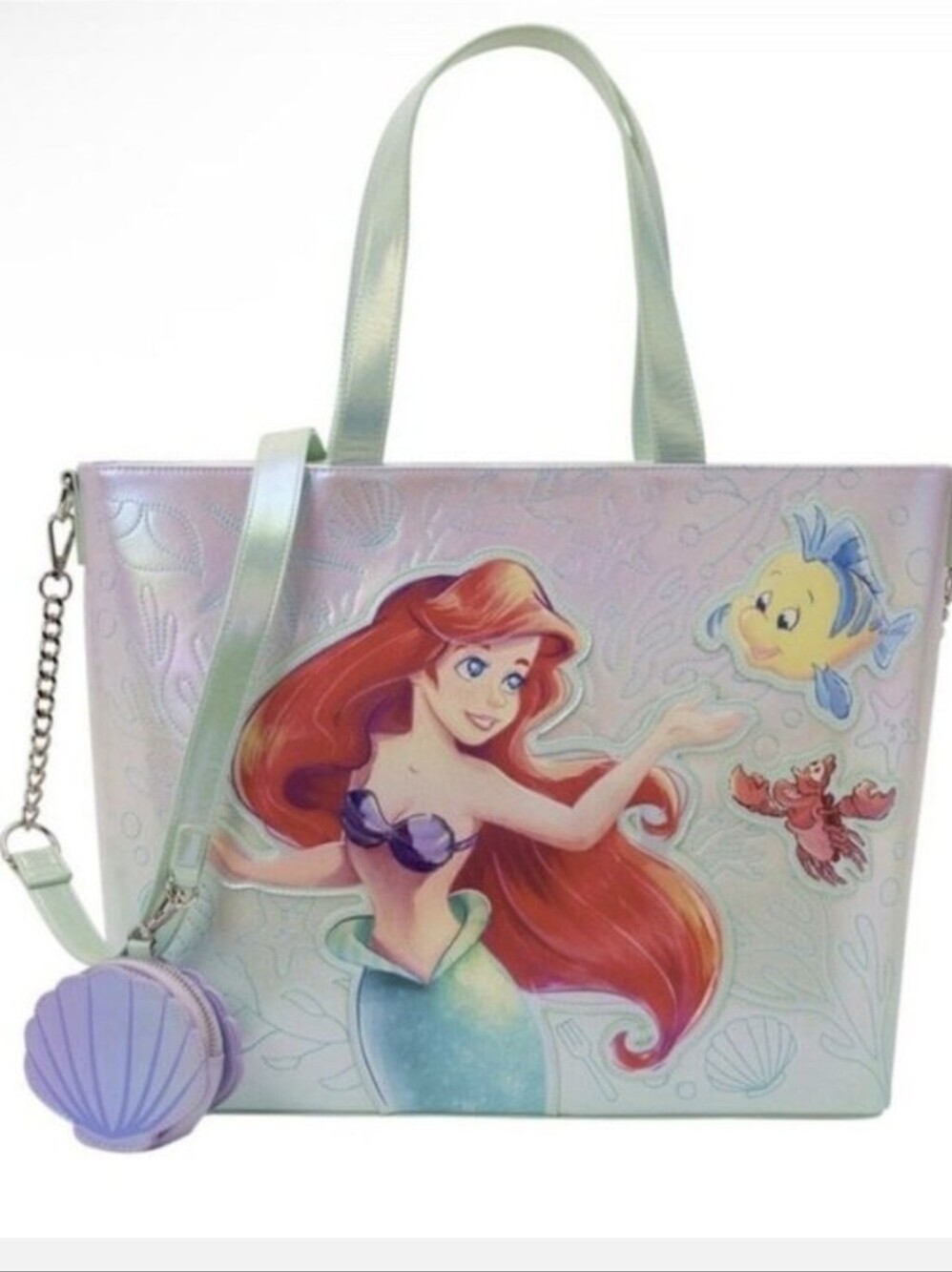 Loungefly Disney Ariel Holographic Tote in Mint, Purple and Red With Coin Bag